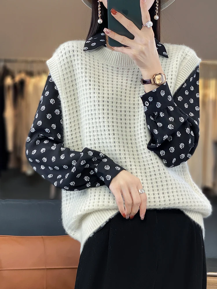 

Oversized Women's Sweater Vests 100% Merino Wool Sleeveless Vest O-Neck Pullovers Hollow Out Fashion Knitwears New In Outerwears