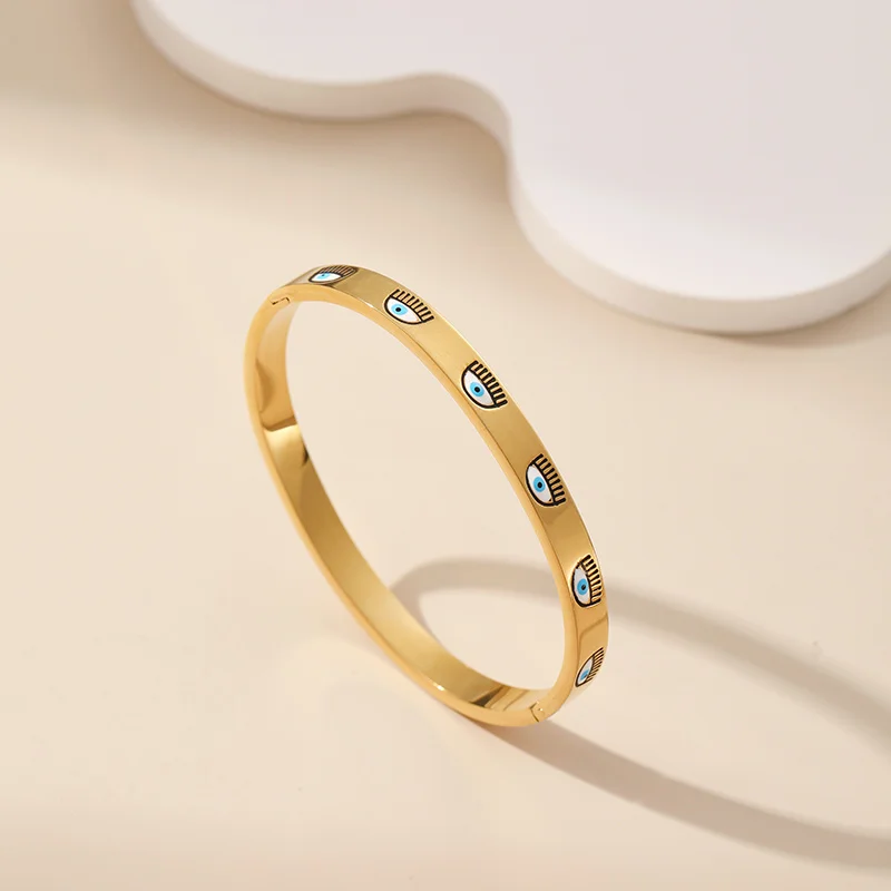 

PAPERPLUS | Women Evil Eye Bracelet Original Design 2024 Girl Lovely Stainless Steel Gold Bangle Lucky Charm Turkish Jewelry