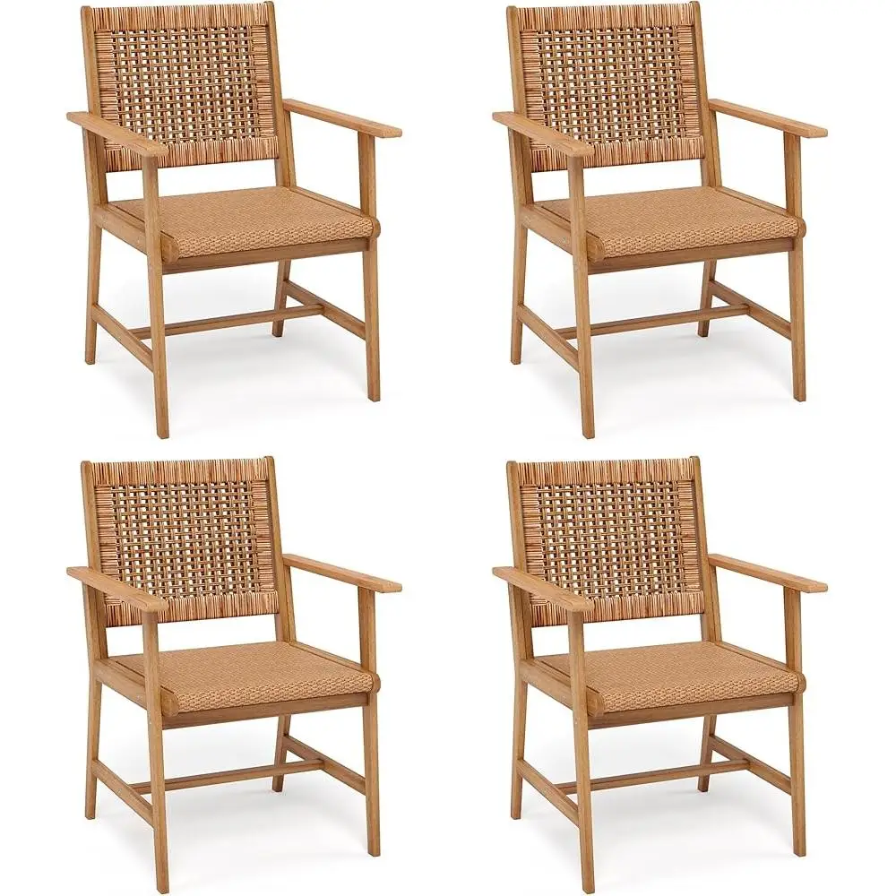 Outdoor Acacia Wood Dining Chairs Set of 4 Strong Wicker Back Armchairs Farmhouse Style Patio Deck Furniture Heavy Duty Assembly 2