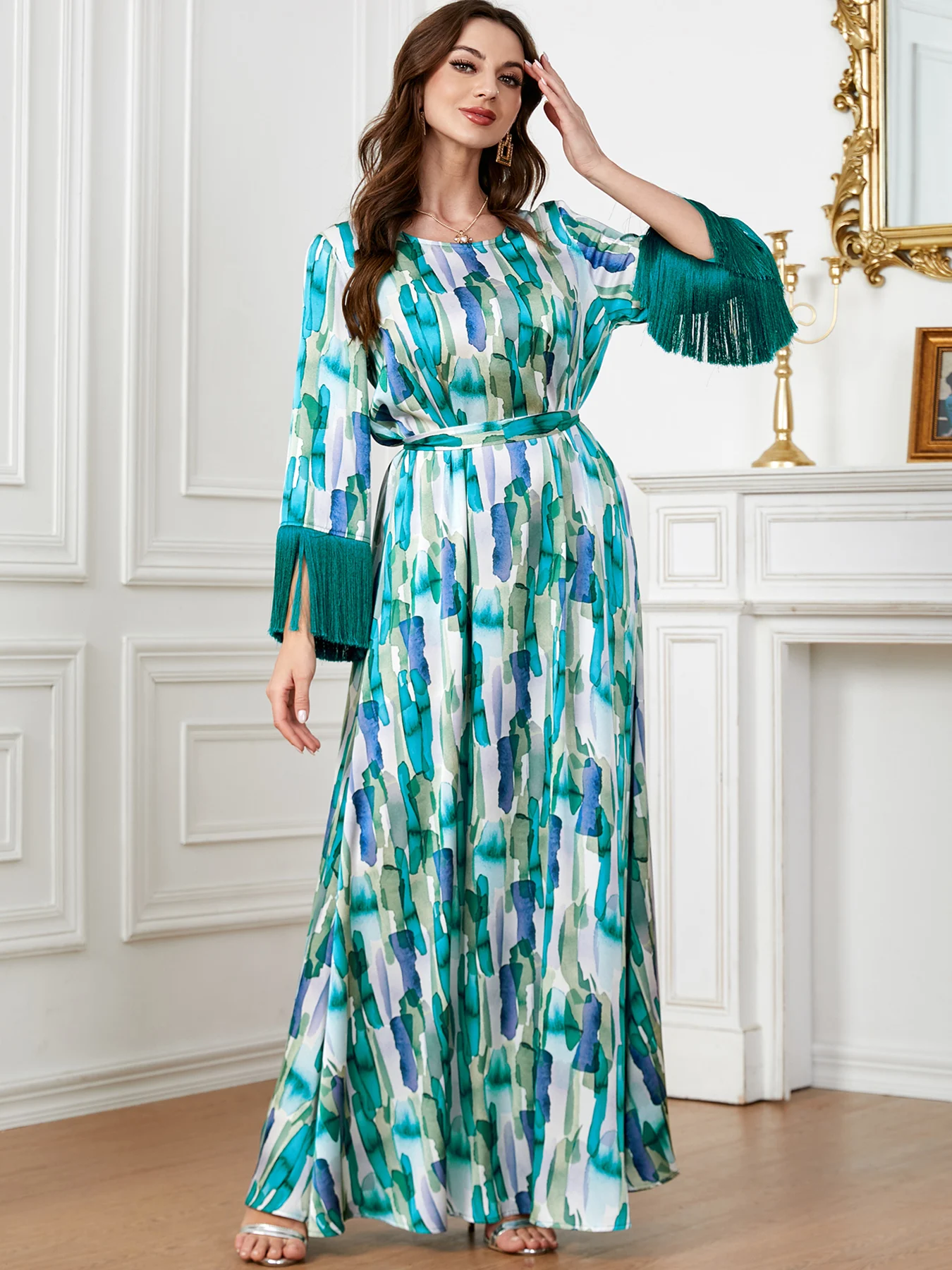 Printed Abaya for Women Tassel Islamic Long Dress Saudi Gulf Jalabiya Muslim Dubai Eid Modest Party Dresses Moroccan Kaftan