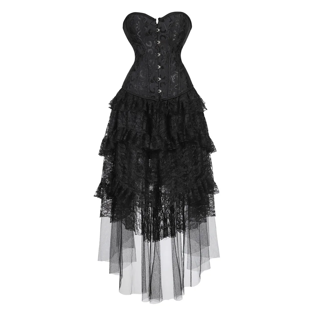

Черные готические корсеты Dresss для женщин, сексуальный винтажный корсет на шнуровке с кружевной юбкой в стиле стимпанк, Женская Клубная одежда