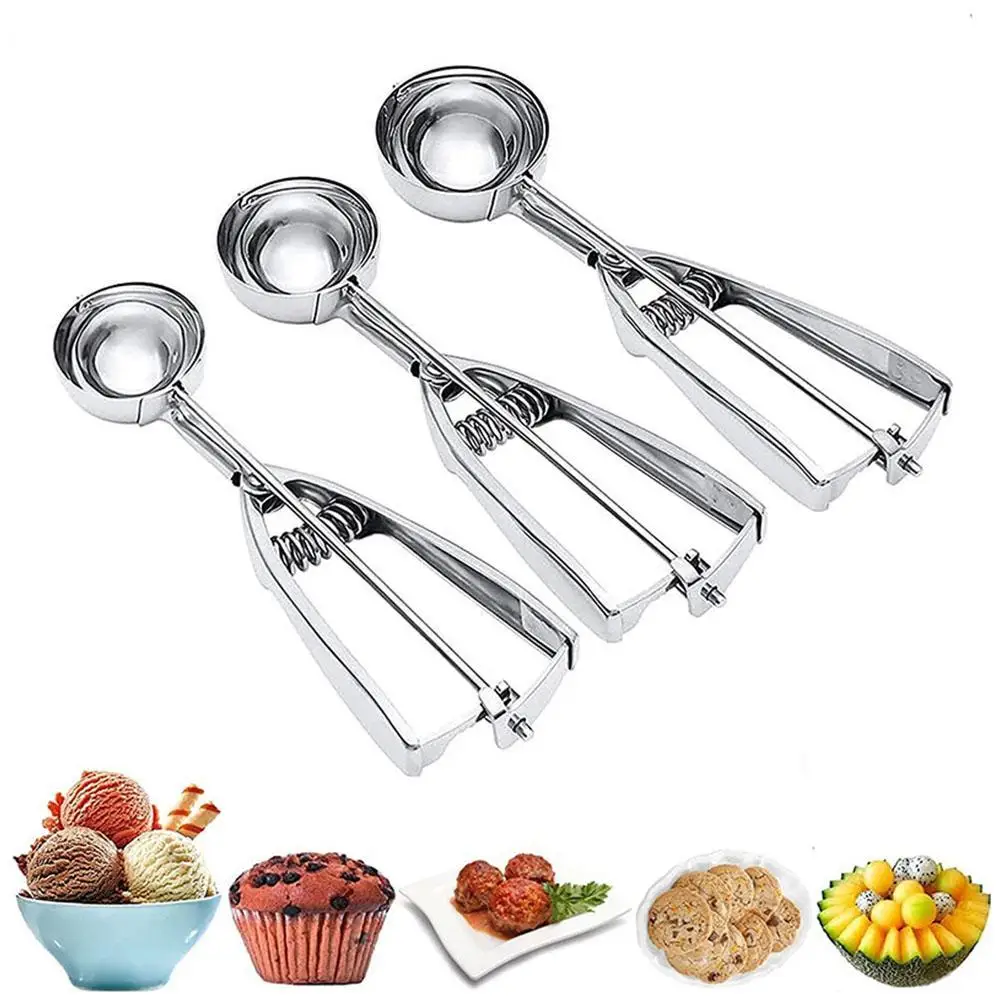 Ice Cream Scoop, 3Pcs Cookie Scoop Set For Baking Steel Ice Cream Scooper With Trigger Release For Portion Control