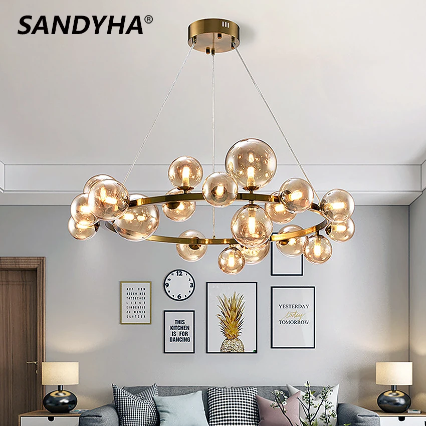 

Modern Nordic Ring Lamp Glass Globe Pendant Light Bedroom Decoration Luxury Furniture Chandeliers House Interior Light Hanging