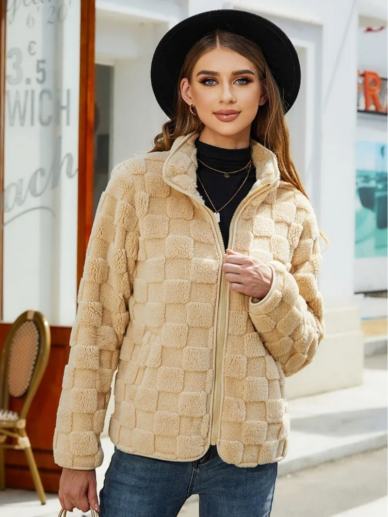 2023 Autumn/Winter New Women's Long Sleeve Cardigan Zipper Loose Solid Casual Versatile Checkered Plush Warm Coat for Women