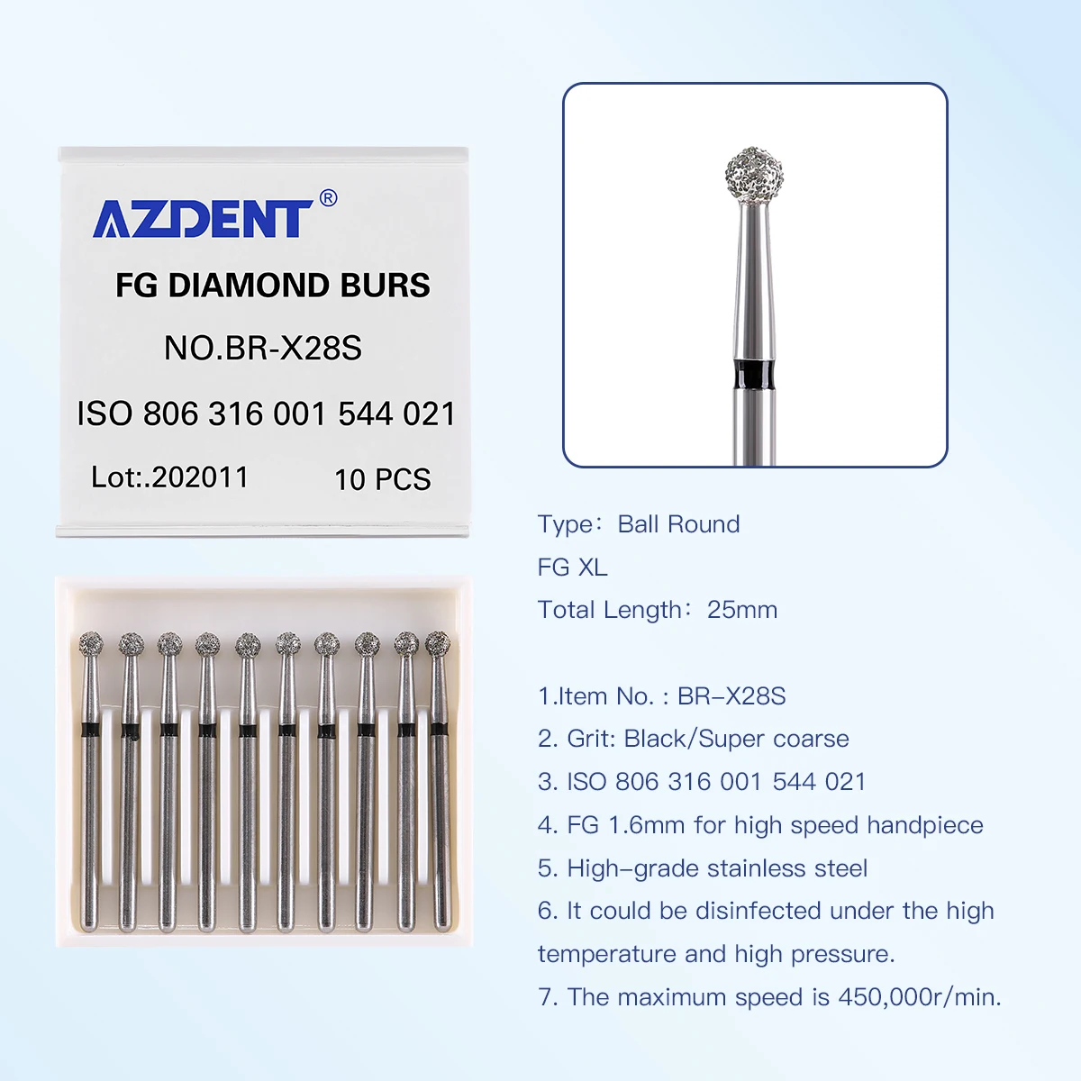 AZDENT 10 Stück/Packung Dental-Diamantbohrer, Kugelförmiger Edelstahlbohrer 25mm FG 1,6mm 450000 U/min für Hochgeschwindigkeits-Handstücke – Detail 13