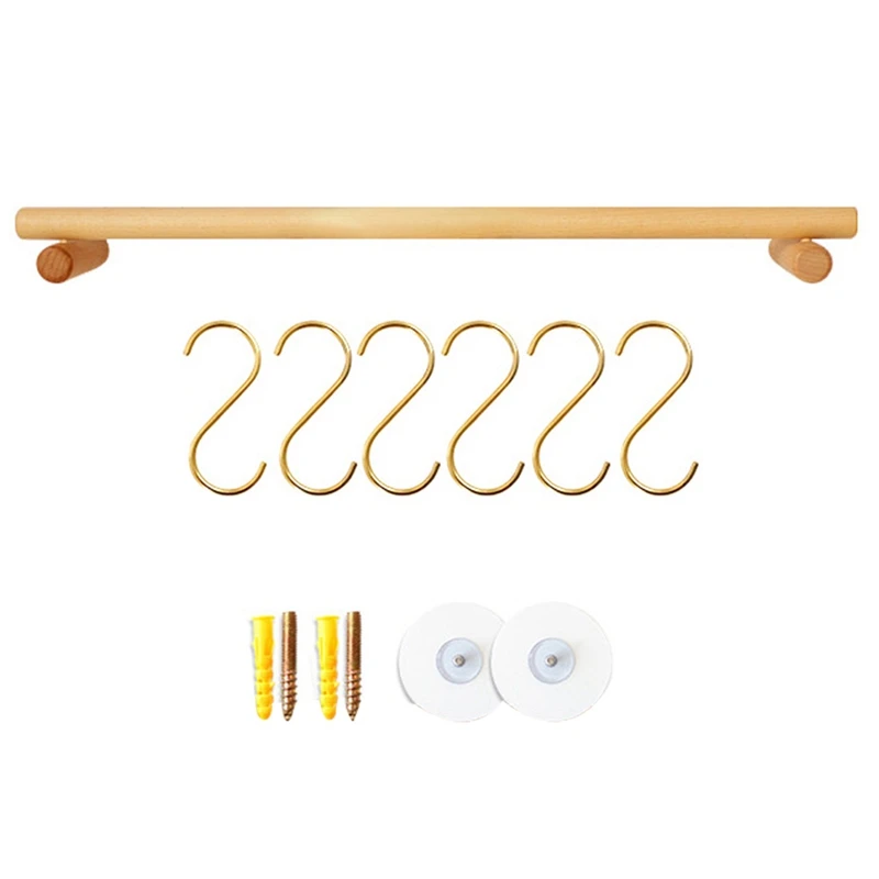 Kitchen Hanging Rod Hook Rack Perforated Beech Wood Wall Hanging Rack