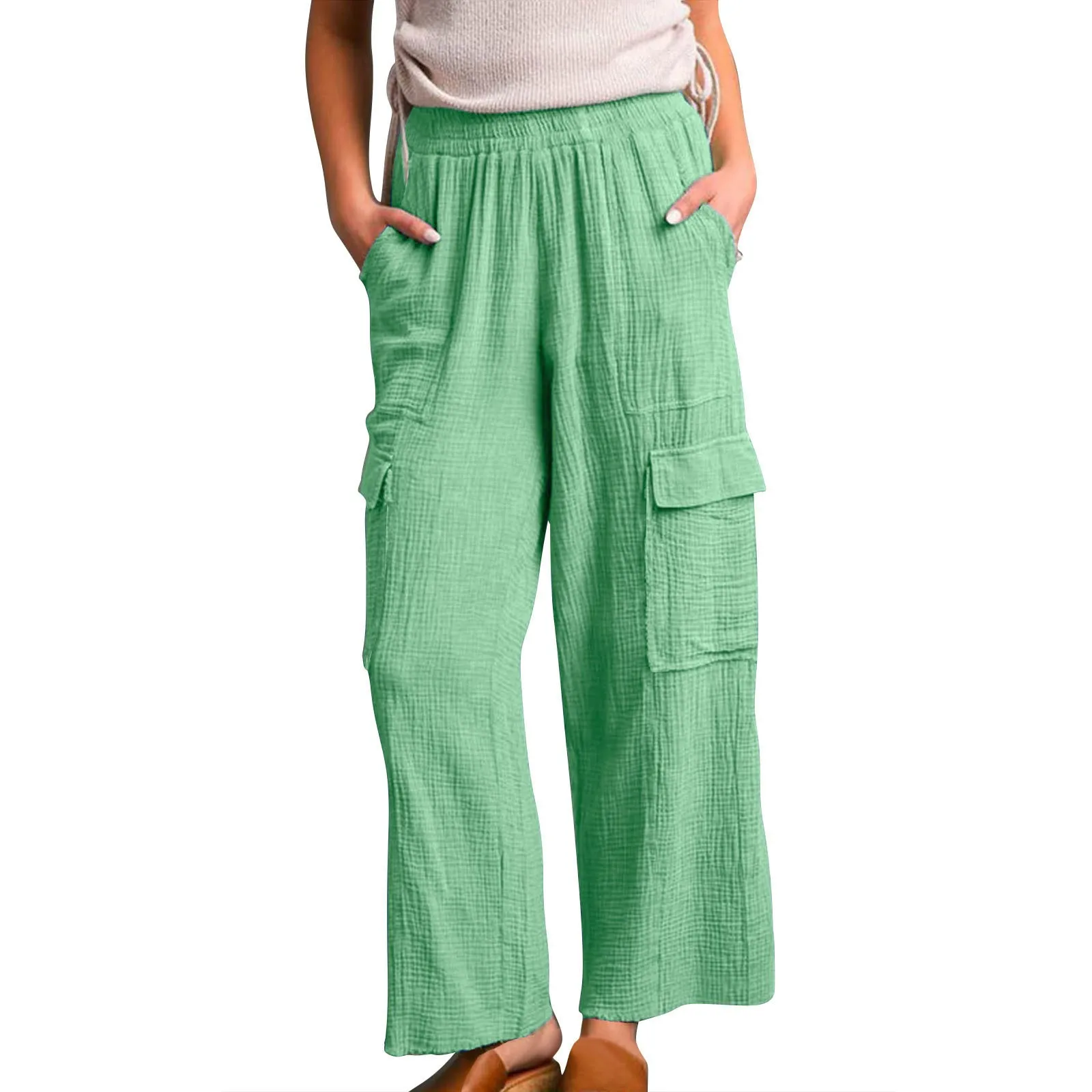 

Брюки-карго женские широкие с завышенной талией и карманами