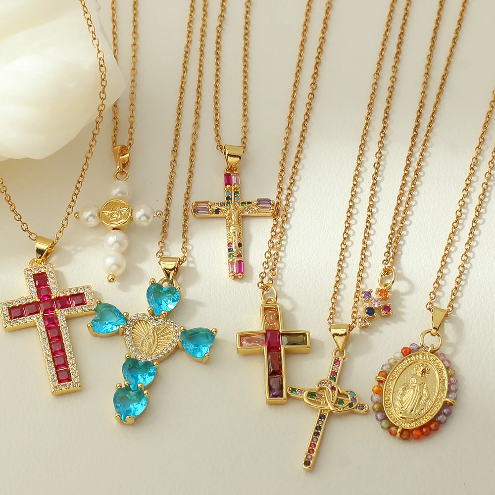 Collana Girocollo Con Croce In Cristallo Bohémien E Zirconi - Vintage E Religiosa, Ciondolo Crocifisso In Lega Di Zinco - Regalo Donna