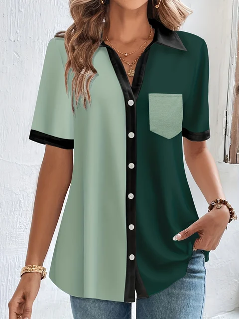 Plus Size Casual Blouse, Women's Plus Colorblock Button Up Short Sleeve Turn Down Collar Blouse 6
