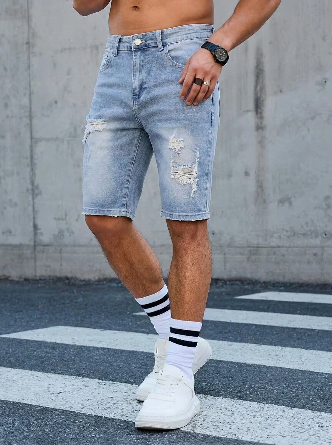 Shorts Pants Jeans Men Clothing Trousers Denim , 2026 Summer Men's Light Blue Ripped Denim Shorts, Distressed Straight Fit Knee