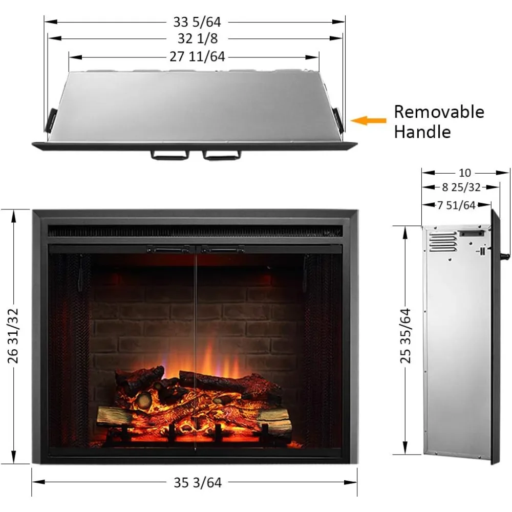 Klaus Electric Fireplace Insert with Fire Crackling Sound, Glass Door and Mesh Screen, 750/1500W, Black, 33 1/16 Inches Wide 2