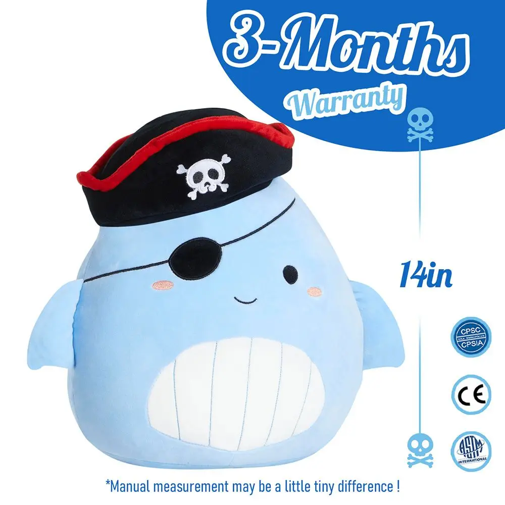 36cm Pirate Whale Stuffed Pillow Blue One-eyed Whale Round Pillow Plush Toys Cartoon Creative Design Children Gifts for Boys