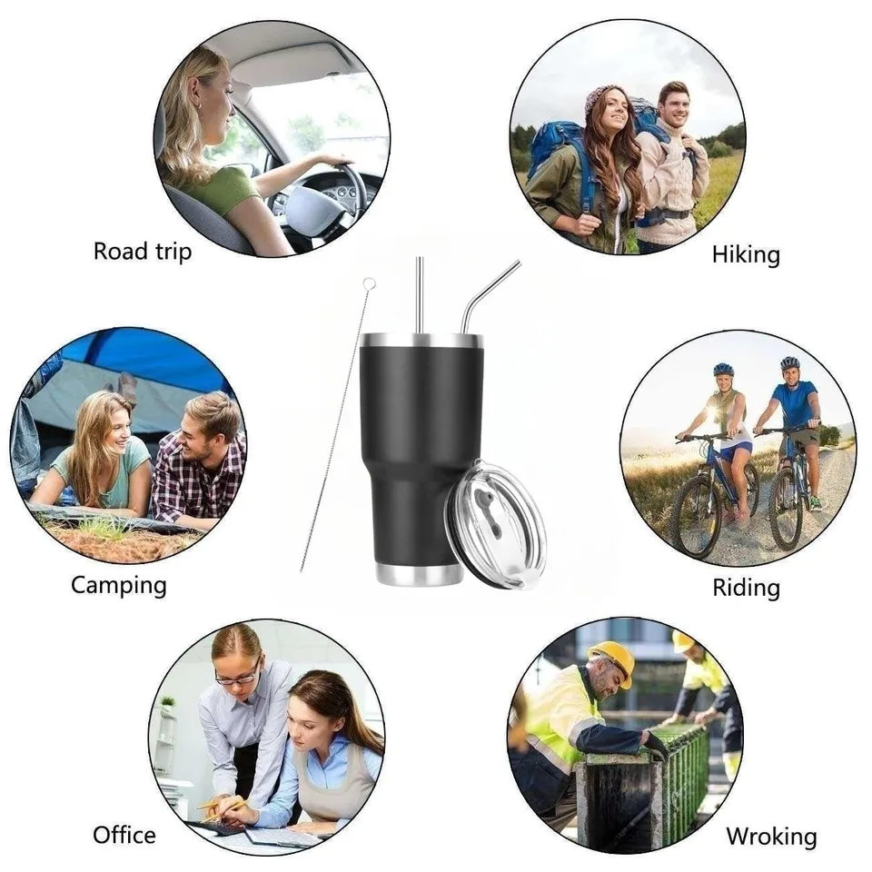 Tasse de voyage avec paille et couvercle, tasse à Coffee isolée sous vide à double