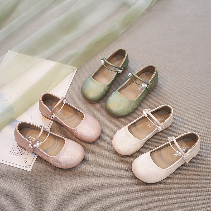 Leather Girls Ballet Flats with Beaded Soft Sole