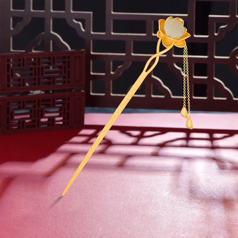 S925 Sterling Silver Gold Plated Hetian Jade Lotus Hairpin - Vintage Chinese Trend Hair Accessory