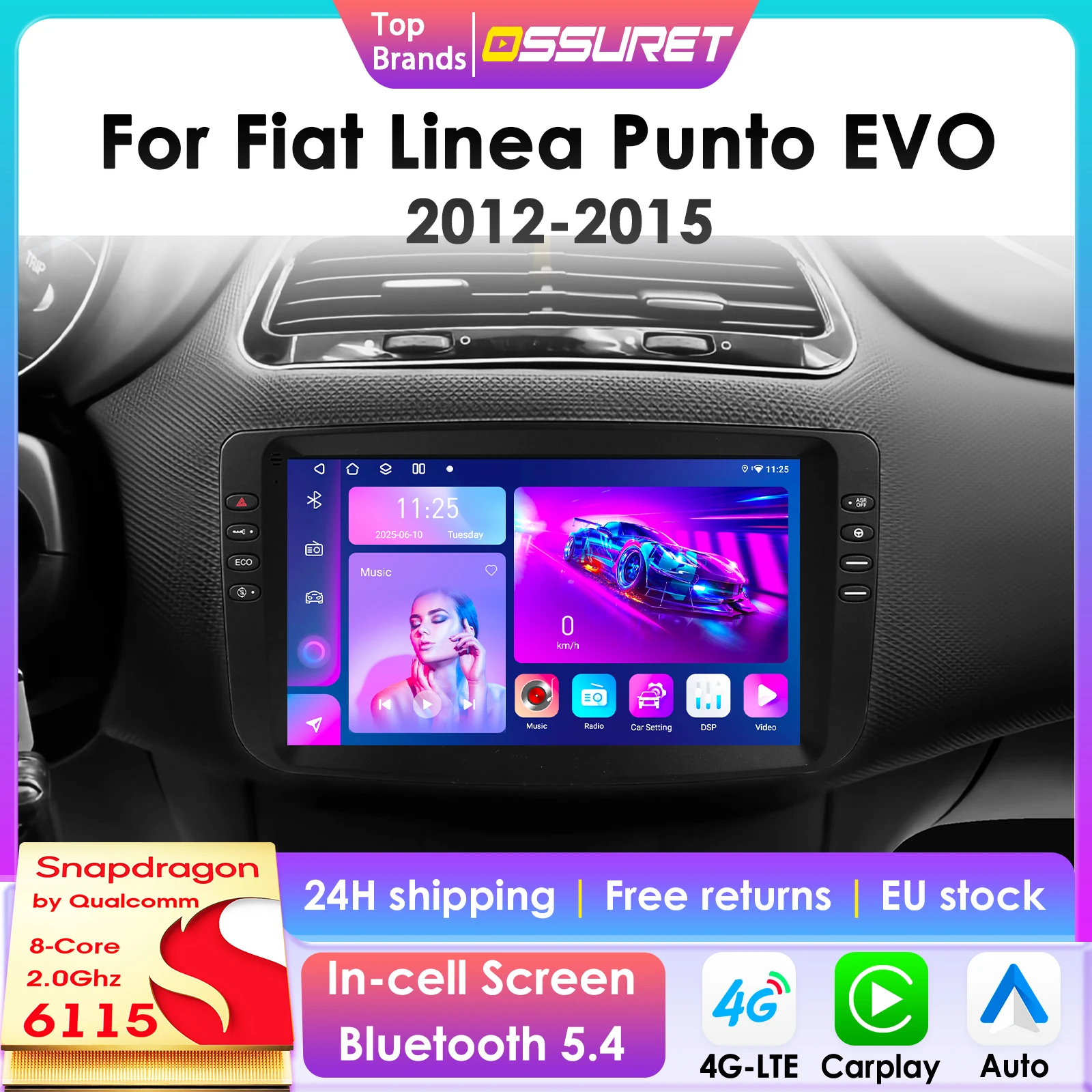 2Din 360-Grad-Kamera Carplay Android14 Autoradio für Fiat Linea Punto Evo 2012-2015 Auto-Multimedia-Player Intelligenter Bildschirm Autoradio
