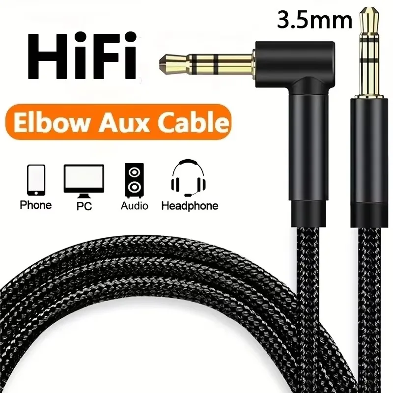 90 Degree Elbow 3.5mm Audio Cable - Male to Male Aux Wire for Speakers and Headphones