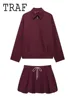 TRAF Casual Women 2 Pieces Sets Waist Lace Up Lantern Edition Mini Skirt Sets Solid Pocket Decorative Jacket Top Women's Set 1