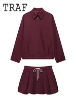 TRAF Casual Women 2 Pieces Sets Waist Lace Up Lantern Edition Mini Skirt Sets Solid Pocket Decorative Jacket Top Women's Set 1