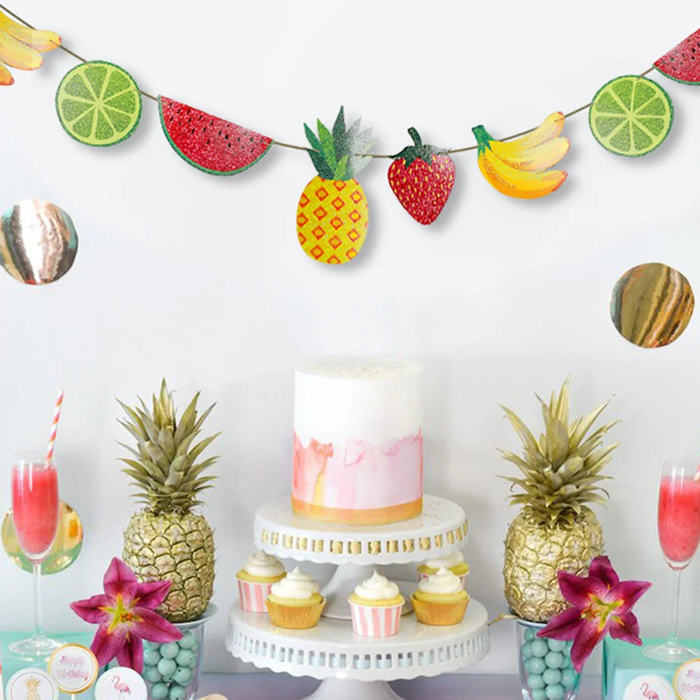 

Hawaiian Fruits Banner Watermelon Banana Pineapple Shape Garland Flag Banner Streamer Glitter Bunting Flag Party Decoration （
