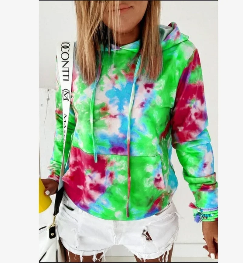 Women Autumn Casual Tie Dye Hoodies Vintage Sweatshirt 2021 Hooded Tops New Pullovers Female Streetwear Casual Clothing Harajuku
