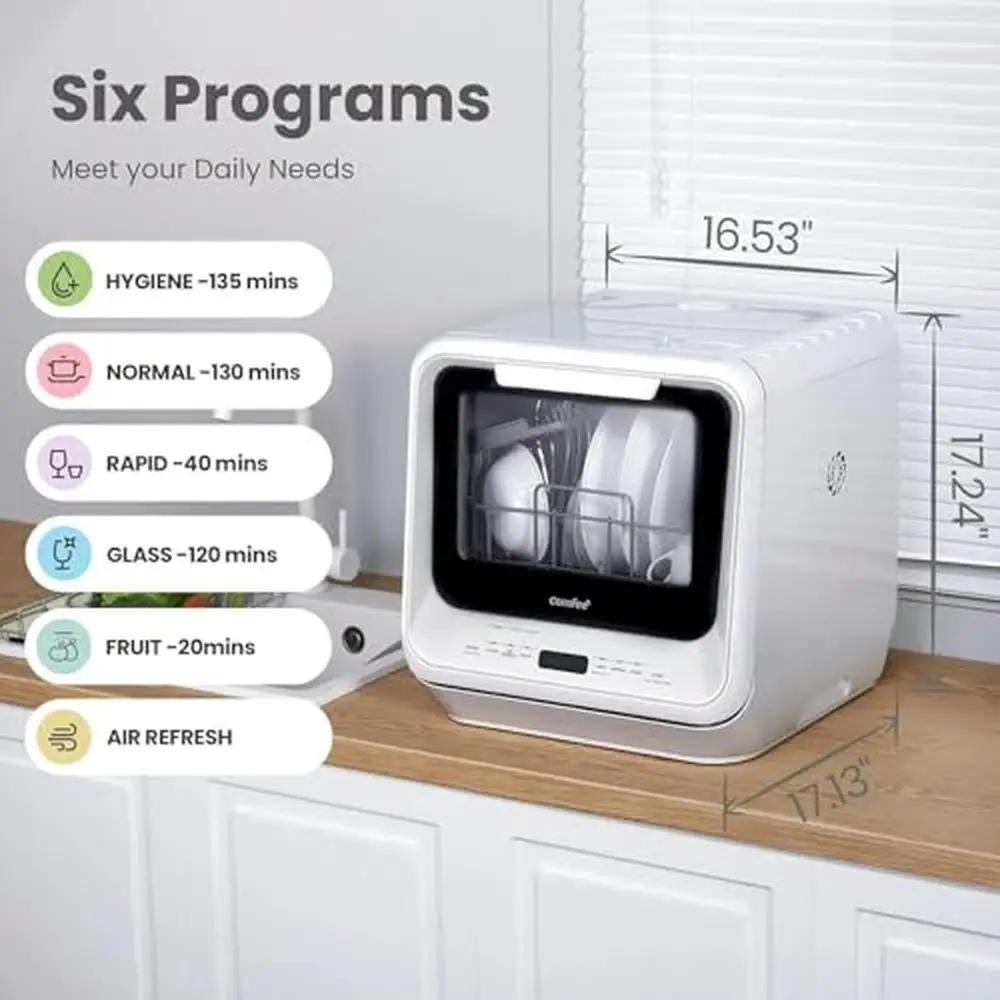 Portable Countertop Dishwasher 5L Water Tank 6 Programs 360° Dual Spray 192℉ High-Temp& Air-Dry Compact Design Small Spaces and 4