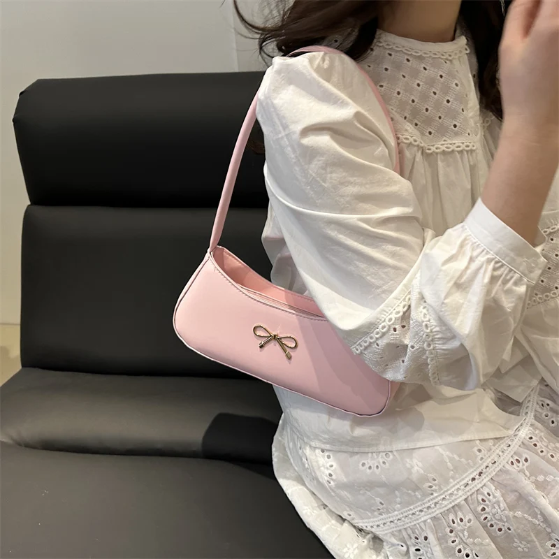 Women PU Bow Underarm Bag Stylish Armpit Bag Large Capacity Top Handle Bag Zip Closure Elegant Shoulder Purse Party Vacation Bag