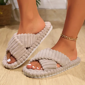 Fashion Corduroy Cross Band Home Slippers Women Autumn Winter Warm Plush Slides Woman Indoor Bedroom Soft Sole Cotton Slippers 1