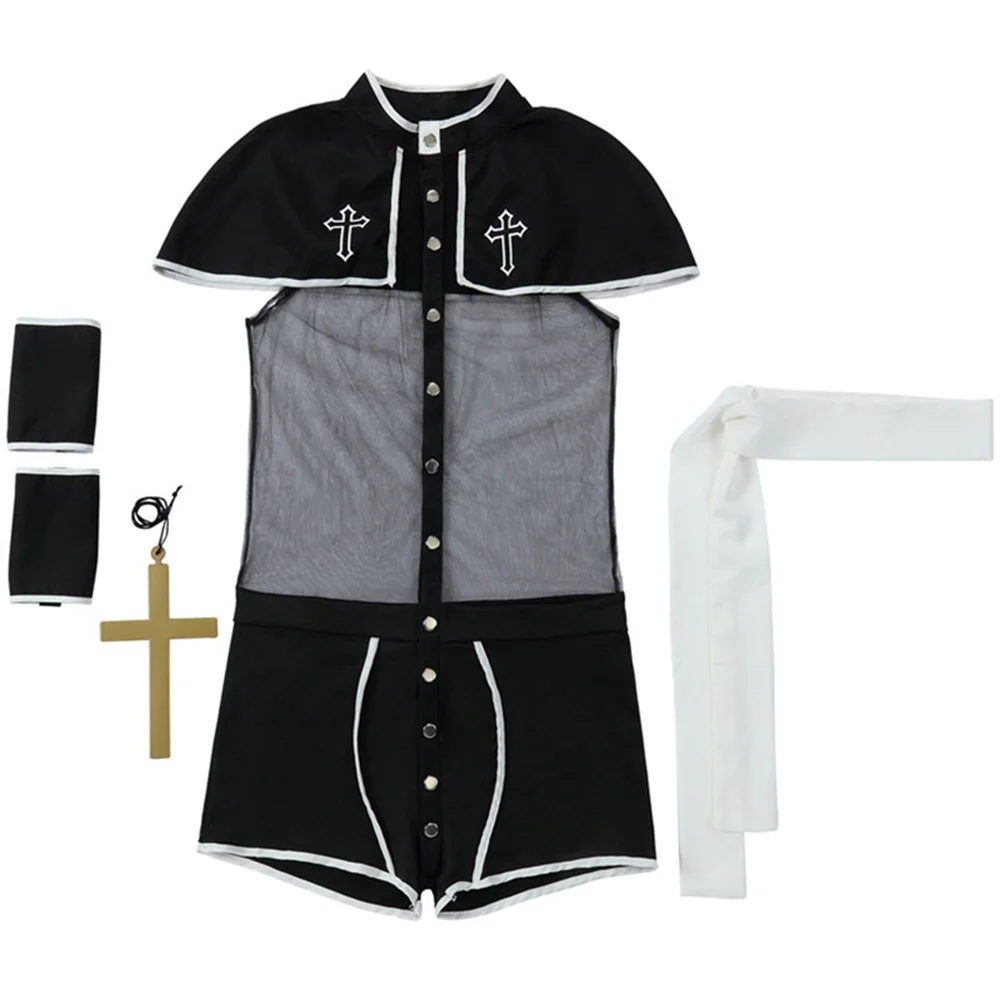 Adult Mesh Sexy Priest Costume Men Cosplay Halloween Party Christian Pastor Uniform Set