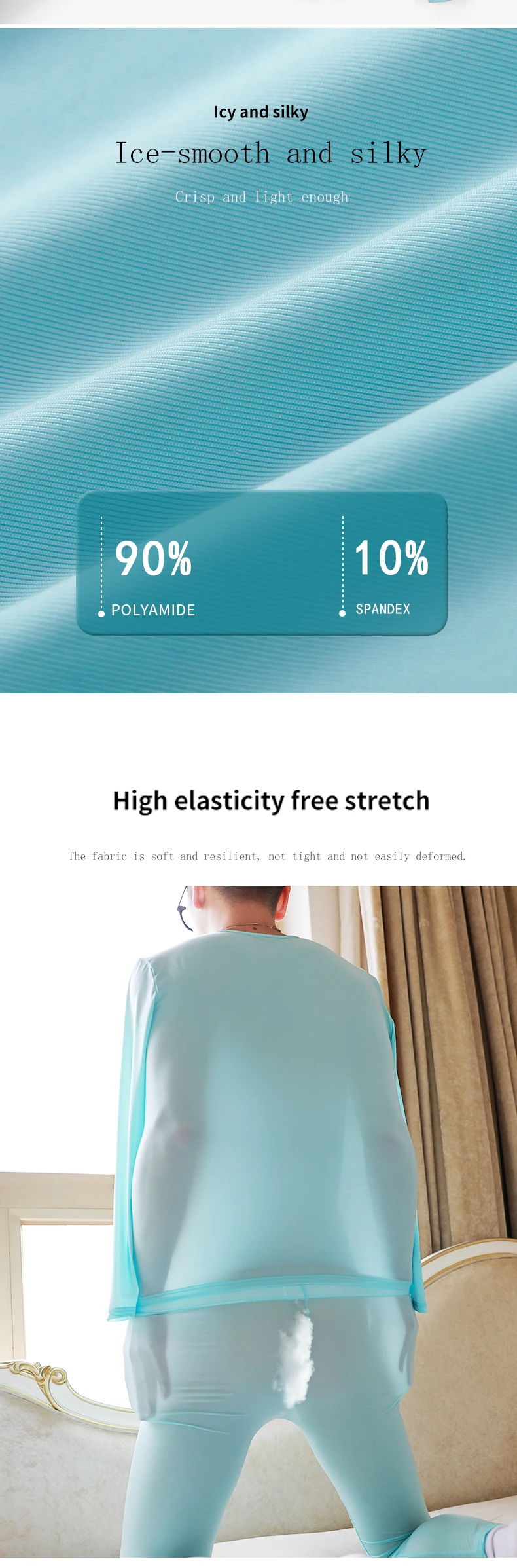 Description Picture 6 of itemMale Ice Silk Undershirt Sets Ultra-thin Transparent Causal Tracksuit Long Sleeve Tops Trousers Men Pajamas Suits