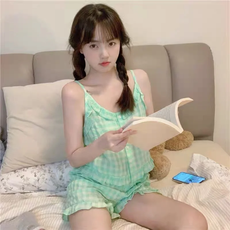 순수 코튼 여름 잠옷 여성의 섹시한 스트랩 짧은 바지 얇은 홈 의류 세트 v 넥 홈 레저 패션 소형 사이즈