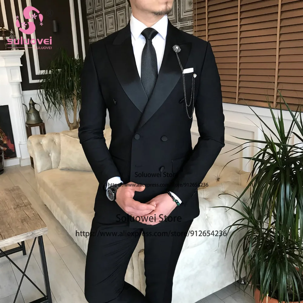 Fashion Groom Wedding Double Breasted Tuxedo Slim Fit 2 Piece Jacket Pants Set Business Blazer Formal Peaked Lapel Suits For Men