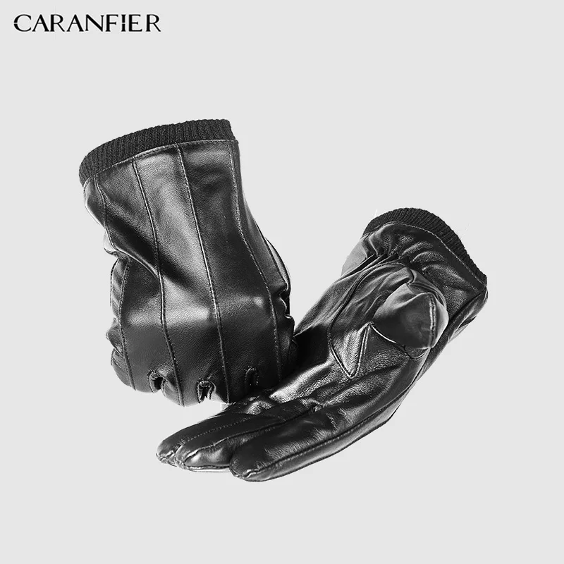 CARANFIER Men Top Genuine Sheepskin Gloves Winter Outdoor Plus Velvet Warm Man Guante Touch Screen Elastic Wrist Driving Riding