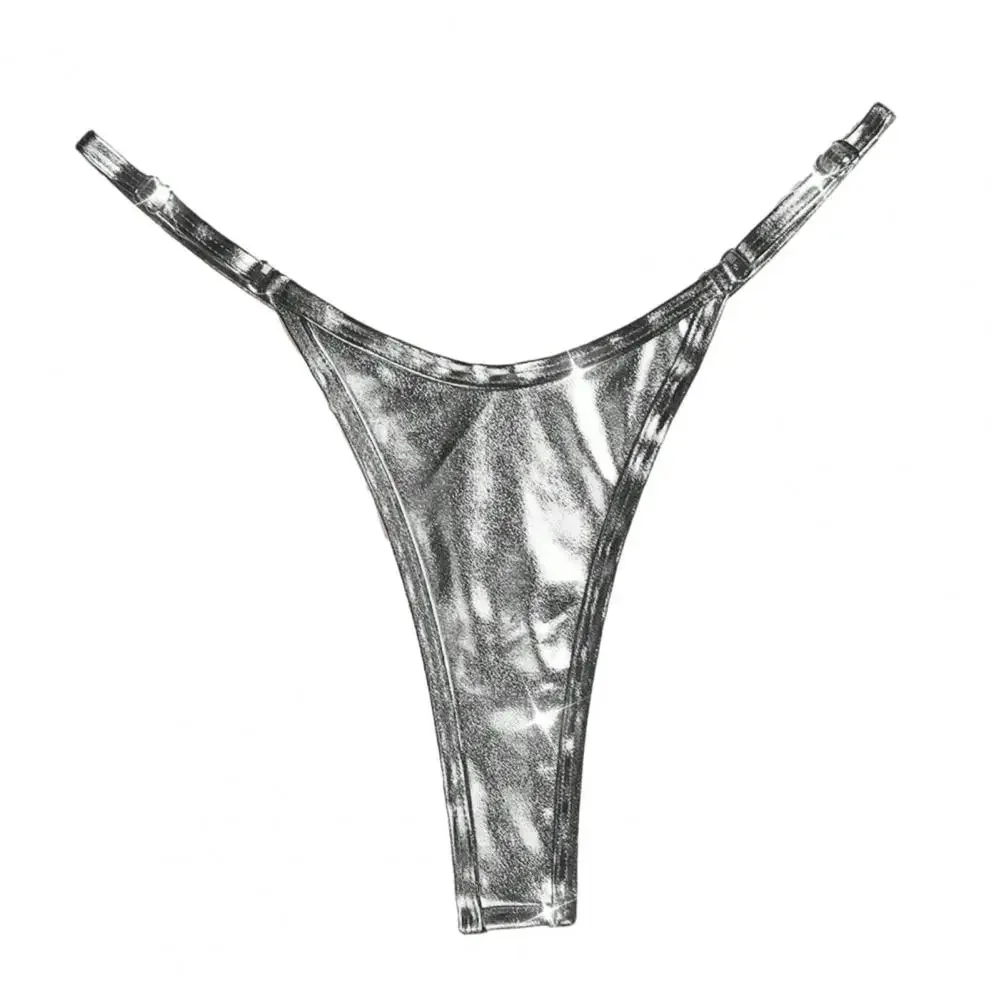 Women Sexy G-string Glossy Triangle Shape Solid Color Elastic Mid Waist Adjustable Strap Thong Lady Briefs Panties