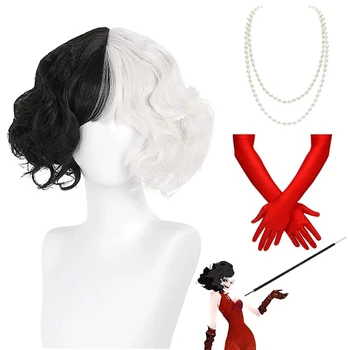 Halloween Cosplay Crudelia De Vil Kuila metà nera metà centinaia piccola parrucca corta riccia Cos per realizzare parrucche Danganronpa