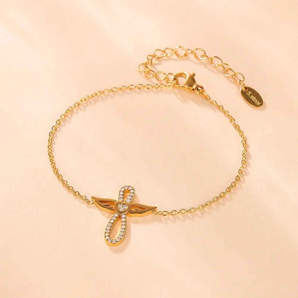 Luxuriöse Bling Cubic Zirconia Halsketten-Armbänder-Sets für Damen, Edelstahl Engelsflügel Anhänger Kette, modischer Charm-Schmuck. – Detail 10