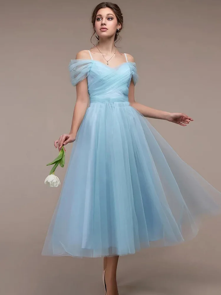

Temperament Tulle Soild Silm Bridesmaid Dress For Woman Fairycore Bow Taping Ball Gown High Waist Slash Neck Birthday Outfits