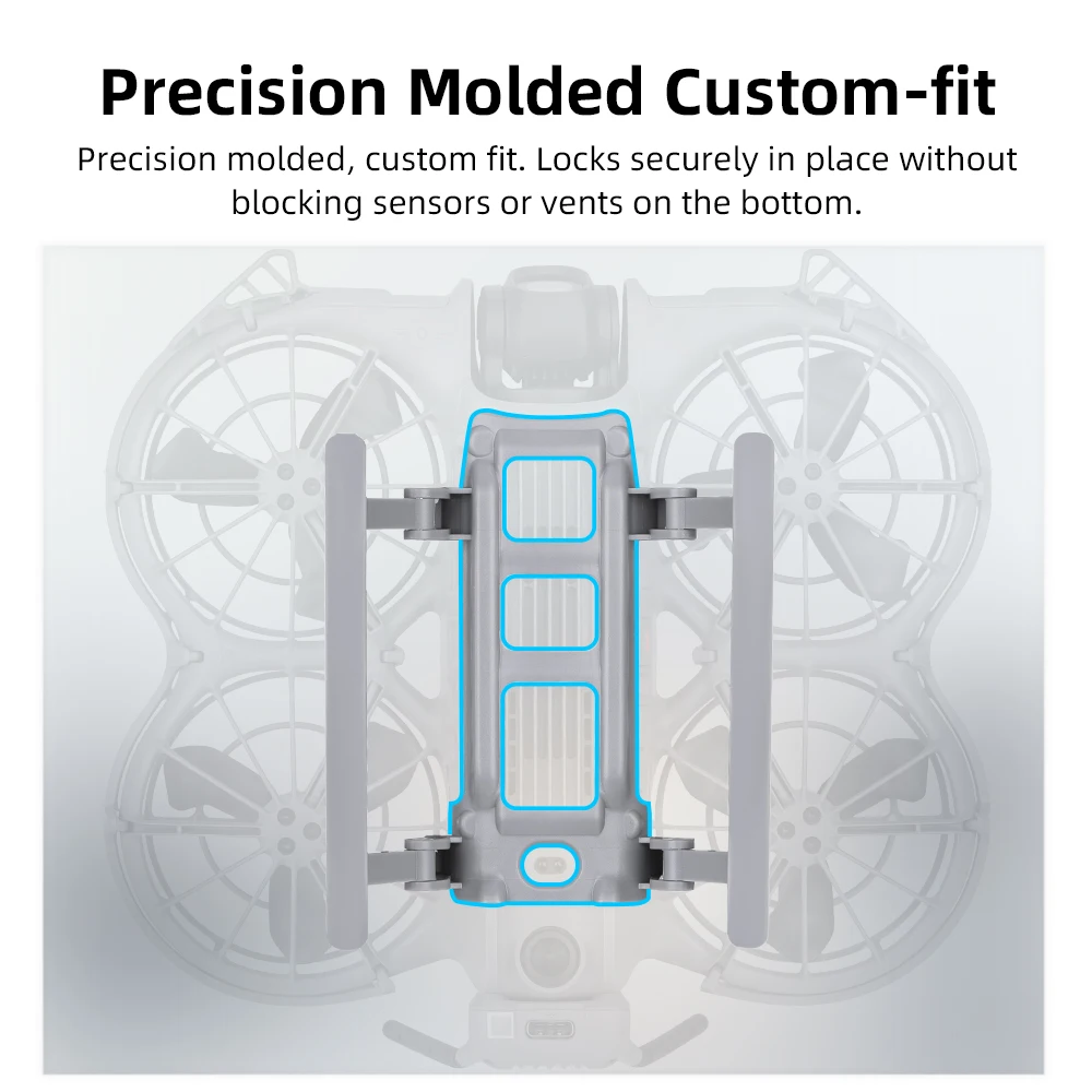 Détail du mécanisme de pliage du train d'atterrissage pour DJI Mini 3 Pro, avec les charnières en ABS renforcé.