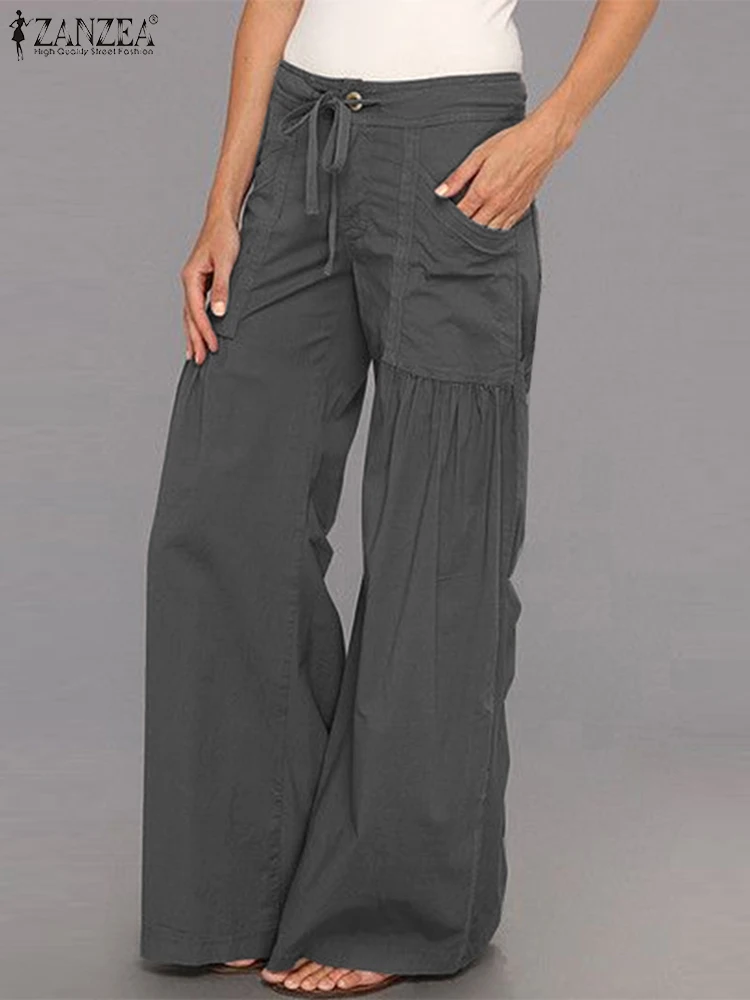 

2024 ZANZEA Fashion Y2K Women Wide Leg Pants Casual High Waist Solid Loose Cargo Trousers Vintage Long Pantalon Oversize Palazzo