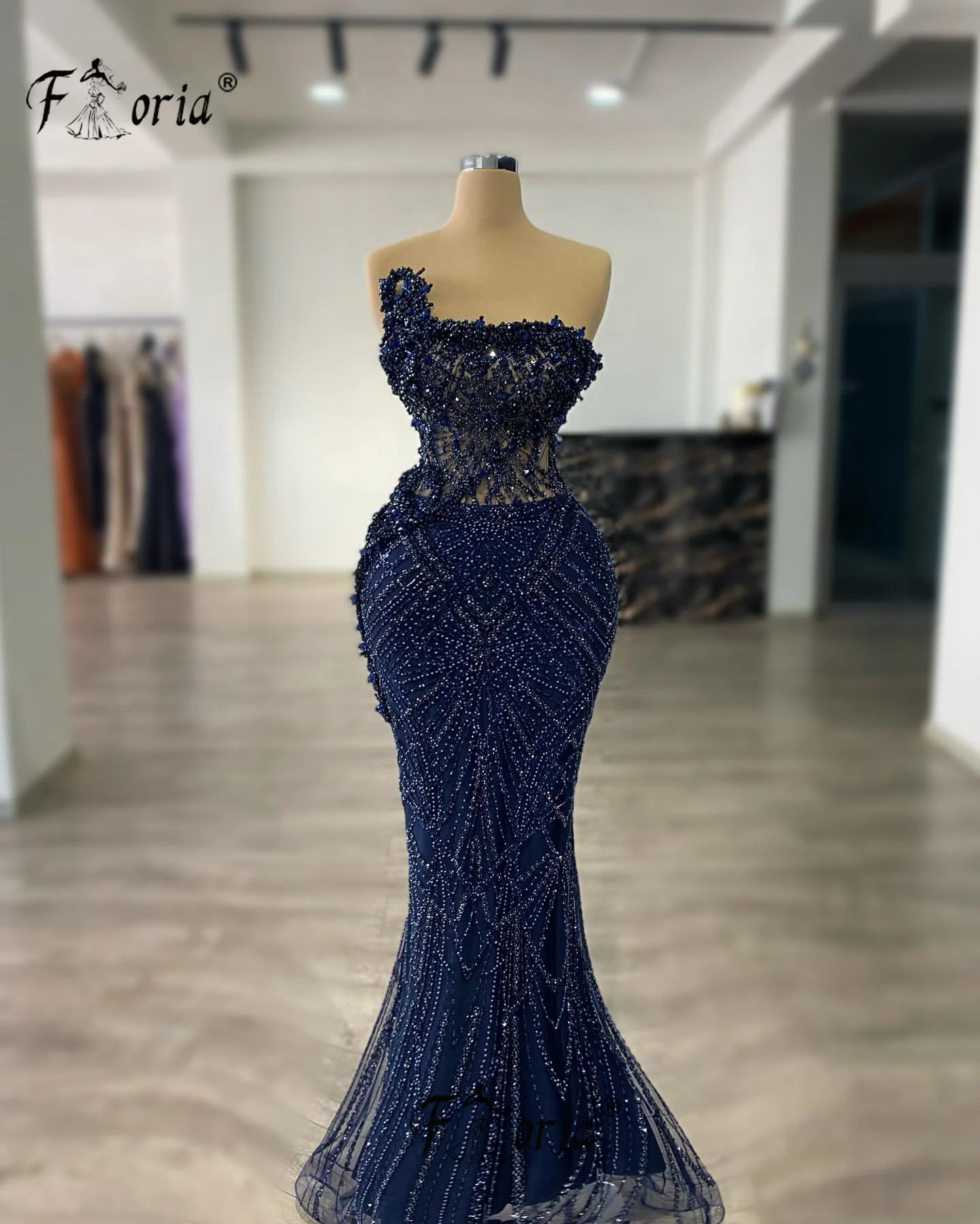 Beaded Navy Blue Mermaid Formal Party Dress Sleeveless Arabic Woman Lace Wedding Evening Gowns Customized Robe de Soiree Gala