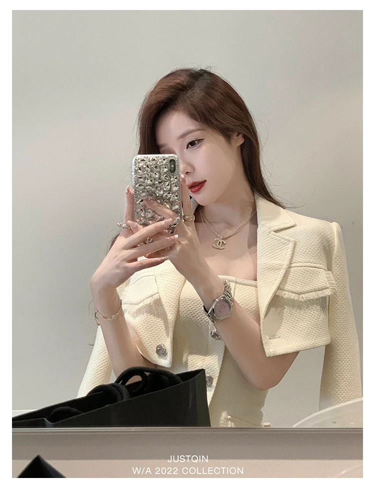 Elegant Autumn New Tweed Two-piece Set Women Long Sleeve Short Jacket Strapless Bodycon Mini Dress Korean Fashion Luxury Outfits