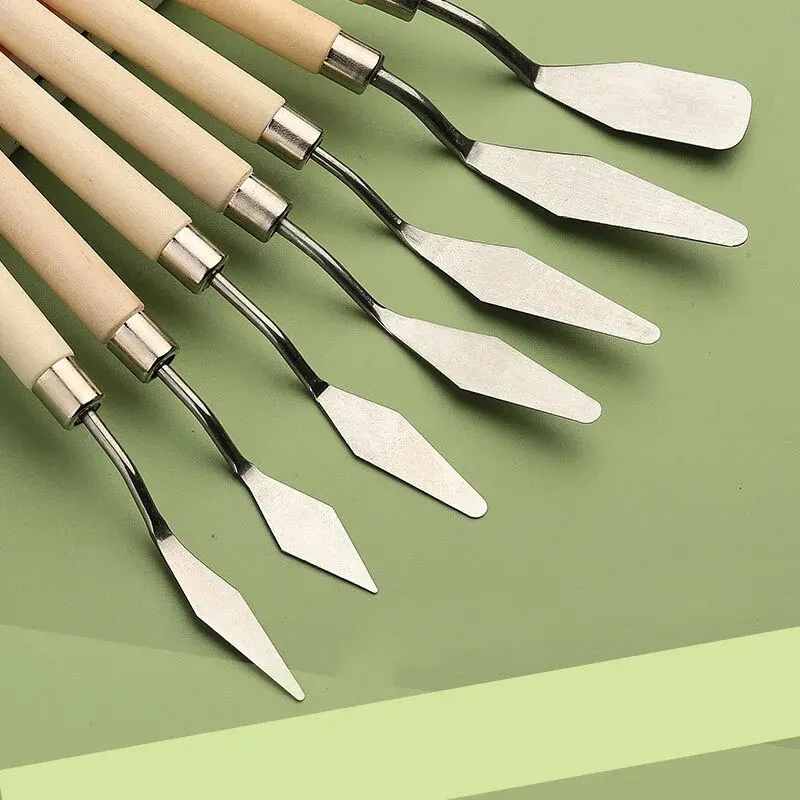 7pcs/set Art Oil Painting Scraper Wooden Flat Head Stainless Steel Pick Knife Gouache Paint Pointed Color Mixing Spatula Tools