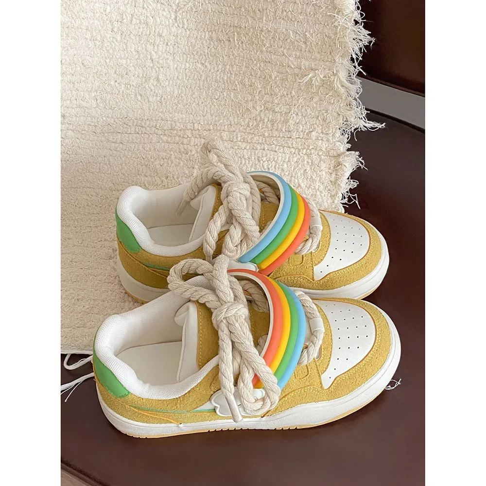 Thick Soled Heels Comfortable Women's Shoes Rainbow New Casual Flat Shoes Lightweight Sports Women Casual Board Shoes 24-212