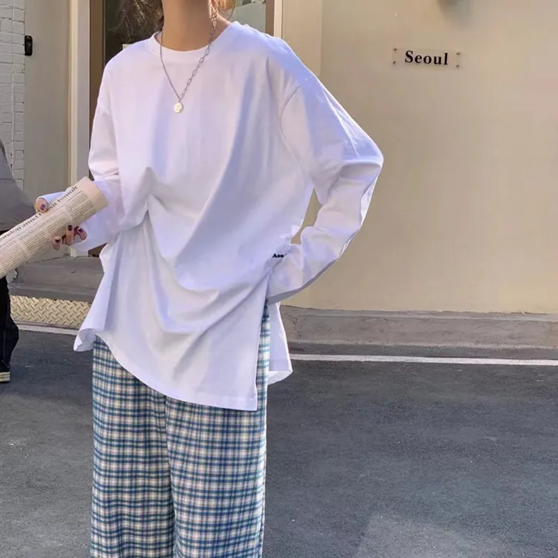 plus Size Women's White Loose Long Sve T-irt Boting irt Design Sensation Early Autumn Side Slit Korean Sle round ...