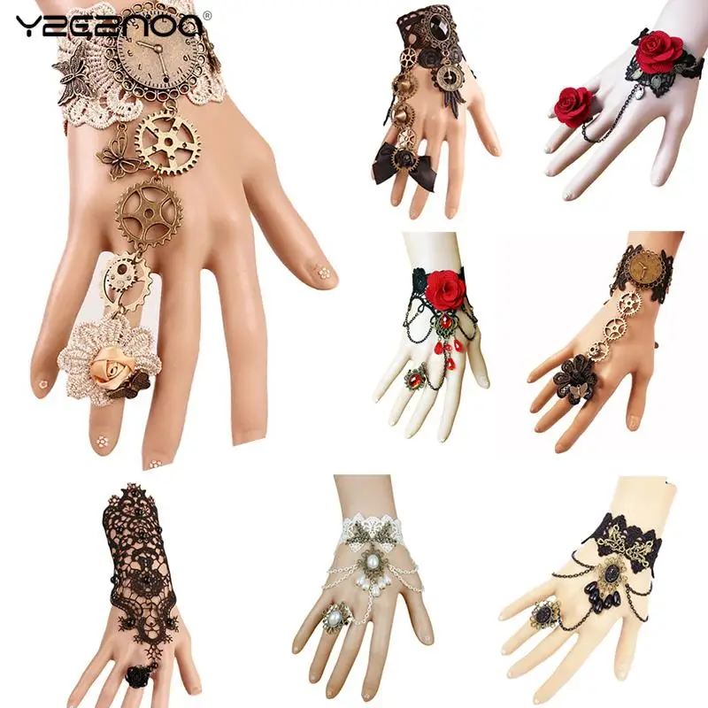 

Jewelry Accessories Women's Retro Goth Jewelry Punk Lace Wristband Gloves Ring All In One Chain Fashion Personality Bracelet