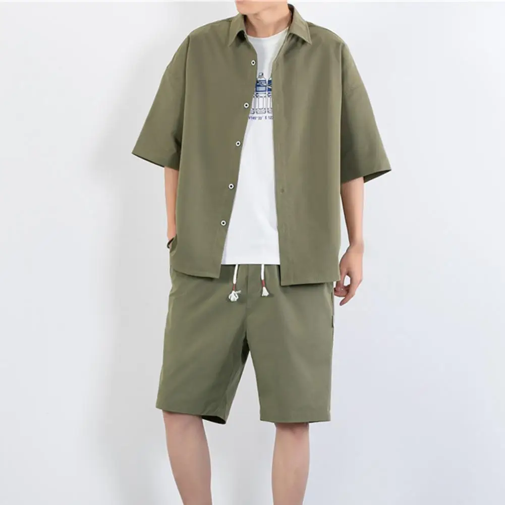 Men Shirts Shorts Set Solid Color Loose Single Breasted Summer Thin Turdown Collar Outfit for Sports Male Tracksuit Sweatsuit