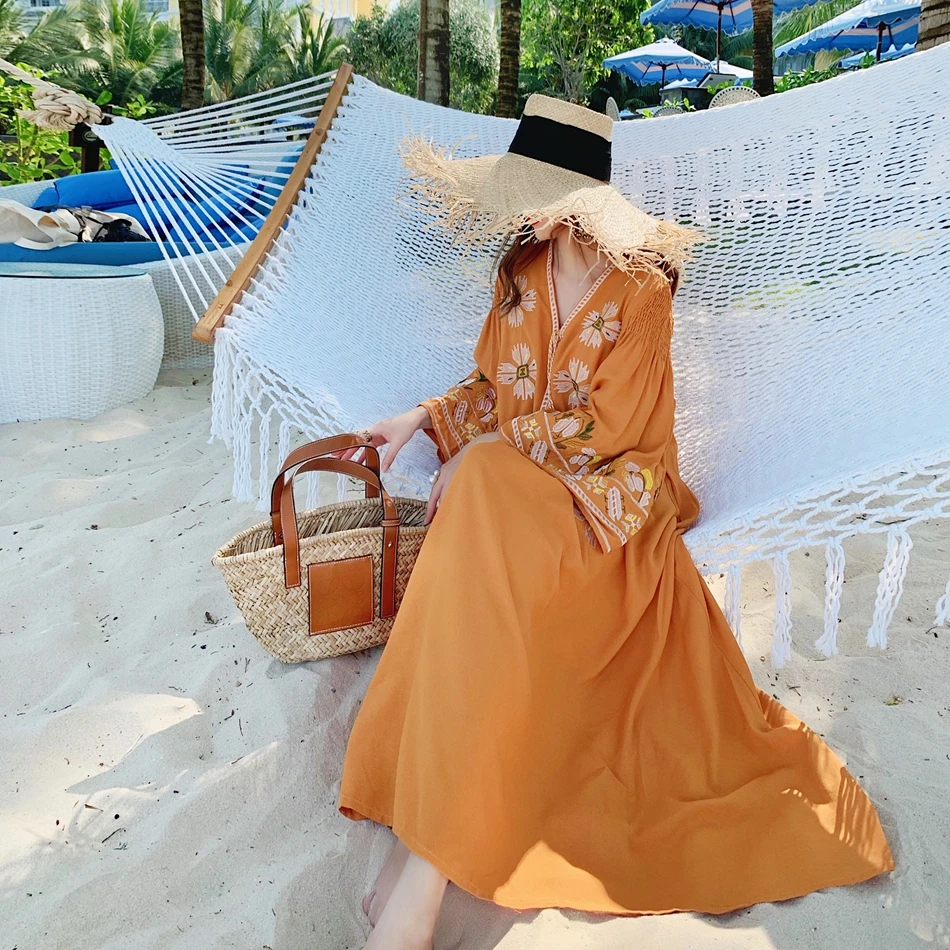

Summer Dress Women's Beach Style Embroidered Fringe Cotton Linen Loose Fashion Dress Free Shipping