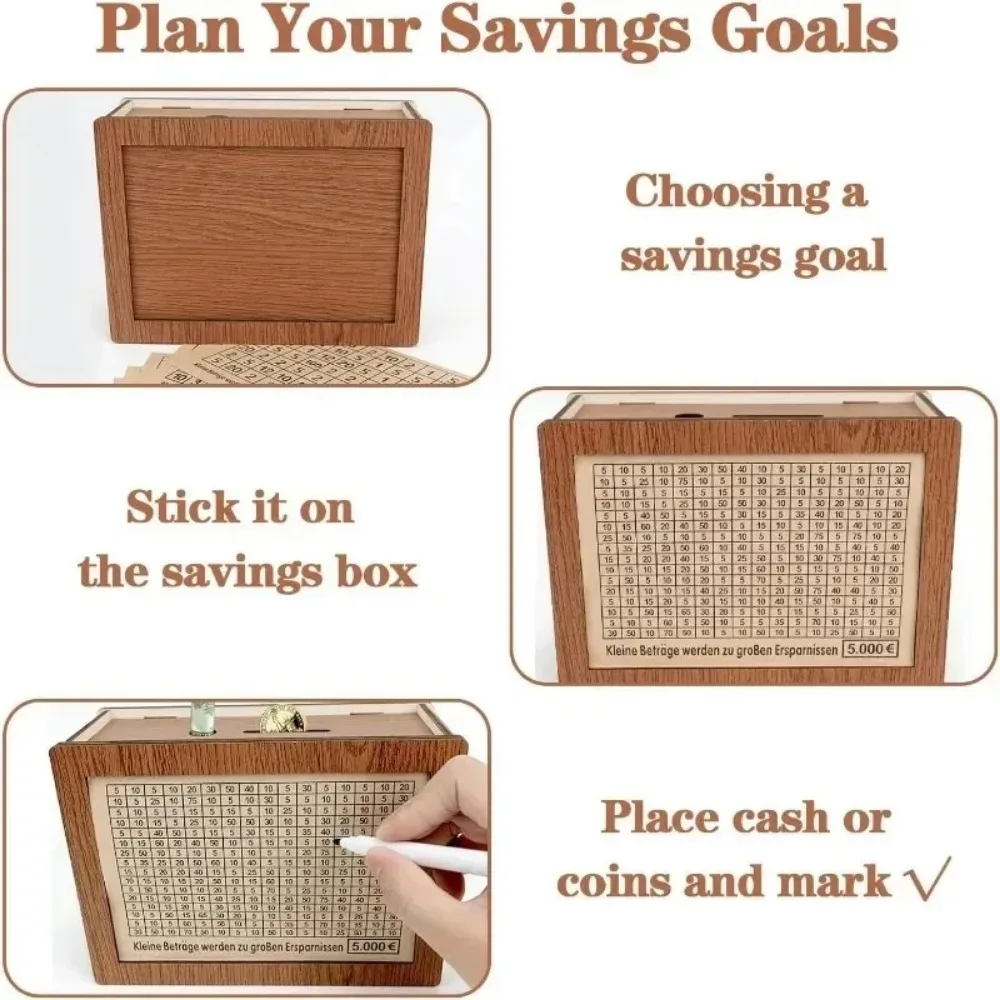 Enhanced Wooden Money Saving Box with Counter for Adults - DIY Target Cash Saver