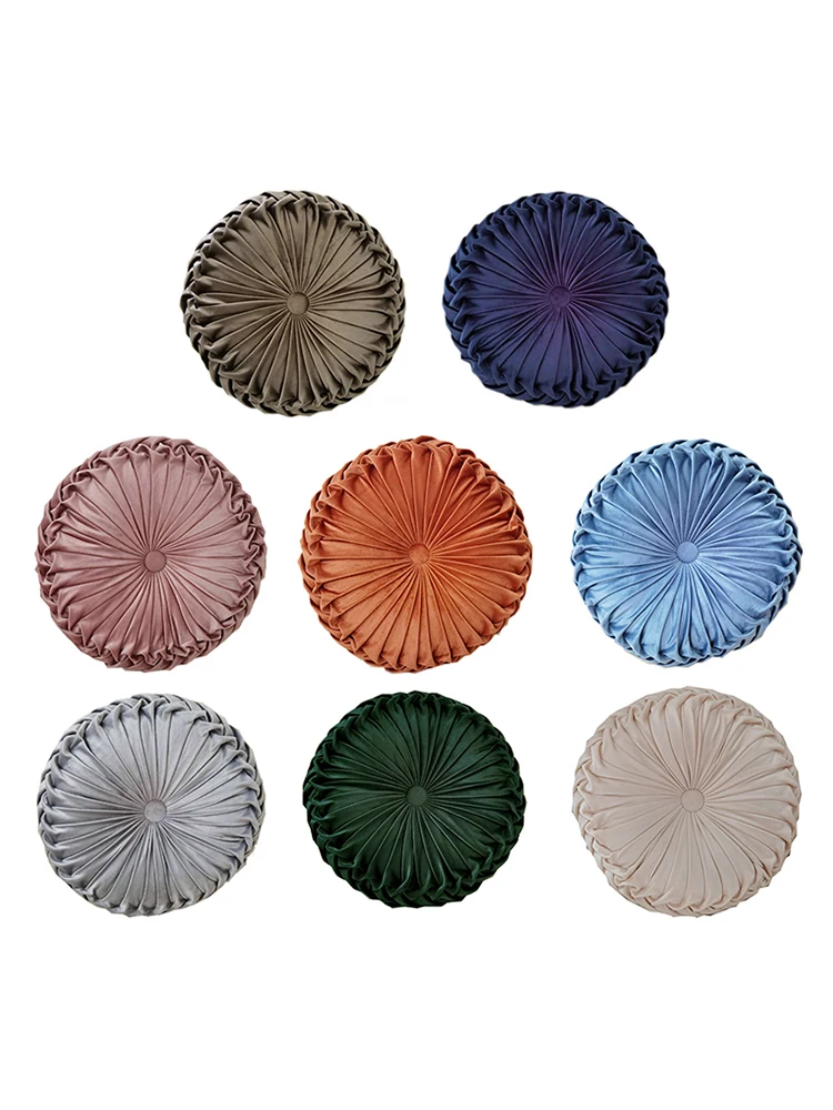 Newest Home Textile Velvet Pleated Round Solid Color Cushion Pouf Throw Home Soft Cushion 38cm Home Accessories Tools Products