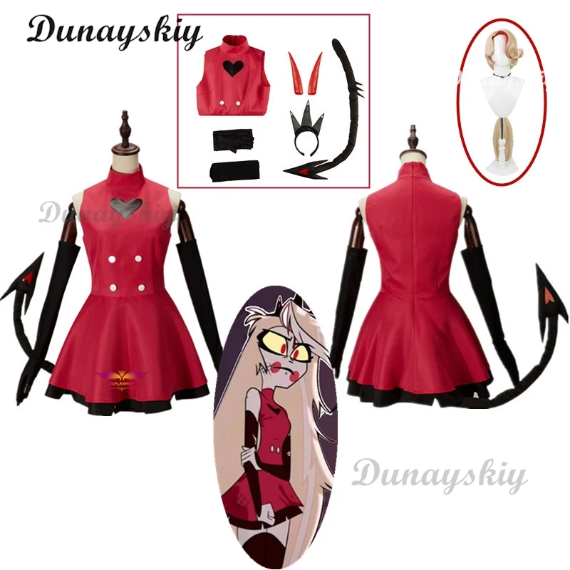 

Anime Hazbin for Game Fans Hotel Charlie Cosplay Halloween Costume Adult Women Turtleneck Red Dress Sexy Sleeveless Daily Skirt